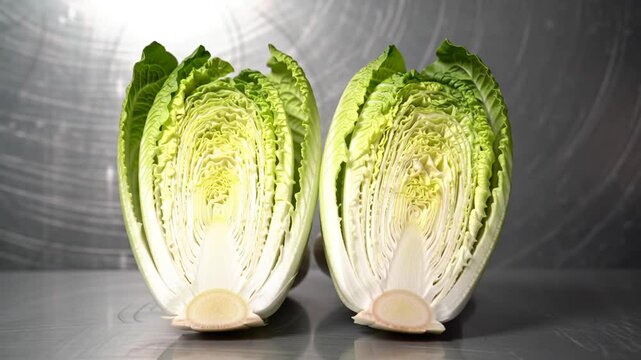 Halved Romaine Lettuce Heads Displaying Freshness And Vibrant Texture