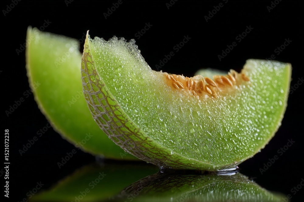 Poster freshly sliced cantaloupe with droplets showcasing its juicy texture on a dark surface