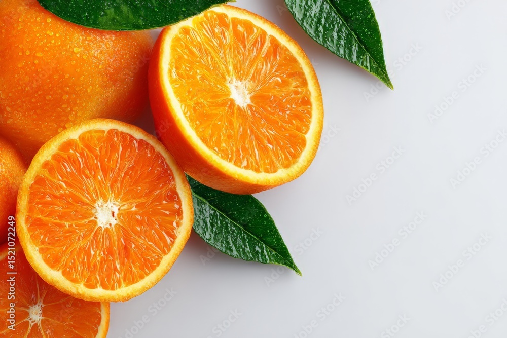 Poster vibrant oranges and fresh leaves displayed on light background showcasing the fruit's natural textur