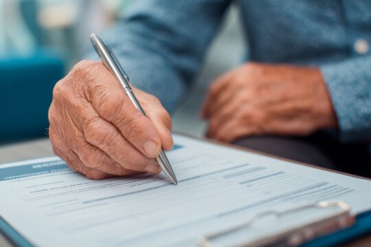 A senior man with a pen is focused on signing documents at a desk in a contemporary office setting. Natural light fills the room, creating an inviting atmosphere for work