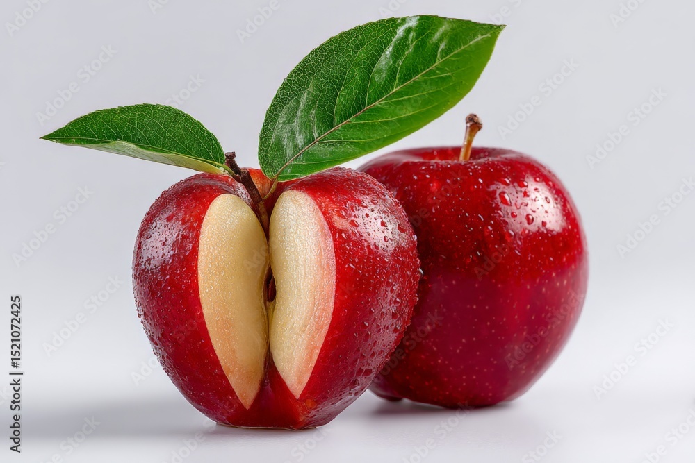 Poster freshly sliced red apples with droplets of water on a light background showcasing their juicy interi