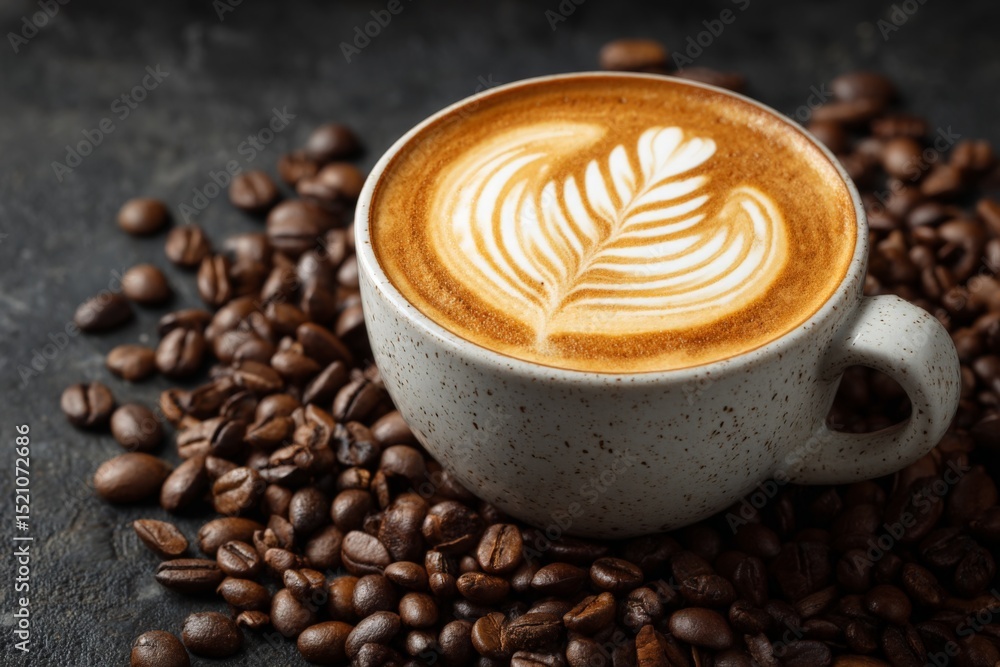 Aufkleber coffee cup on roasted beans creates a warm and inviting atmosphere ideal for relaxation and enjoymen