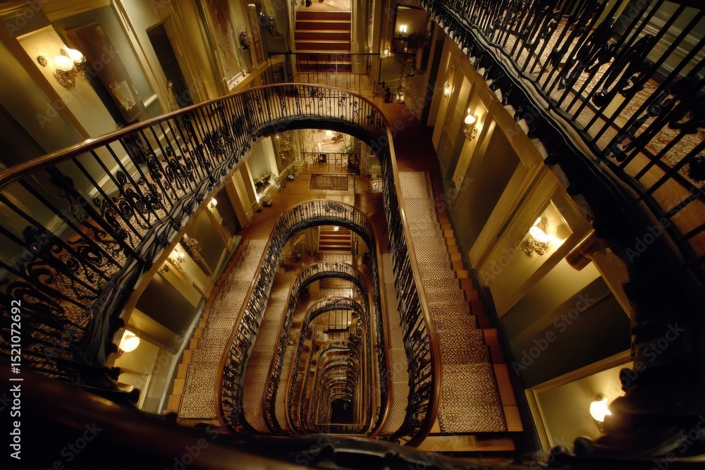 Poster a captivating view looking down the winding staircase in a historic building, featuring intricate ir