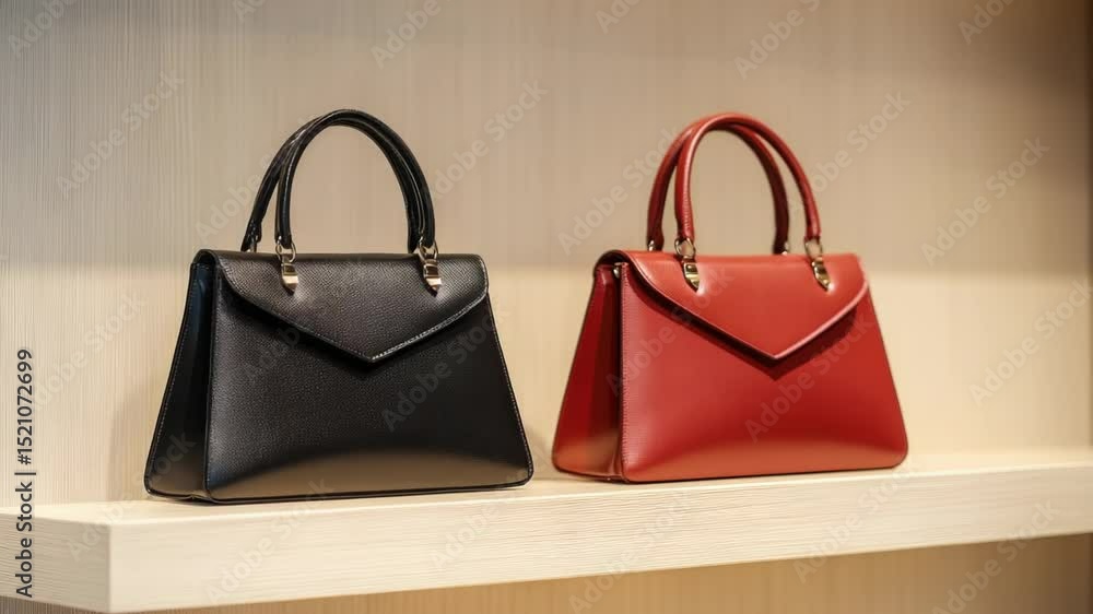 Poster two black and red handbags resting on a shelf, possibly for display or storage