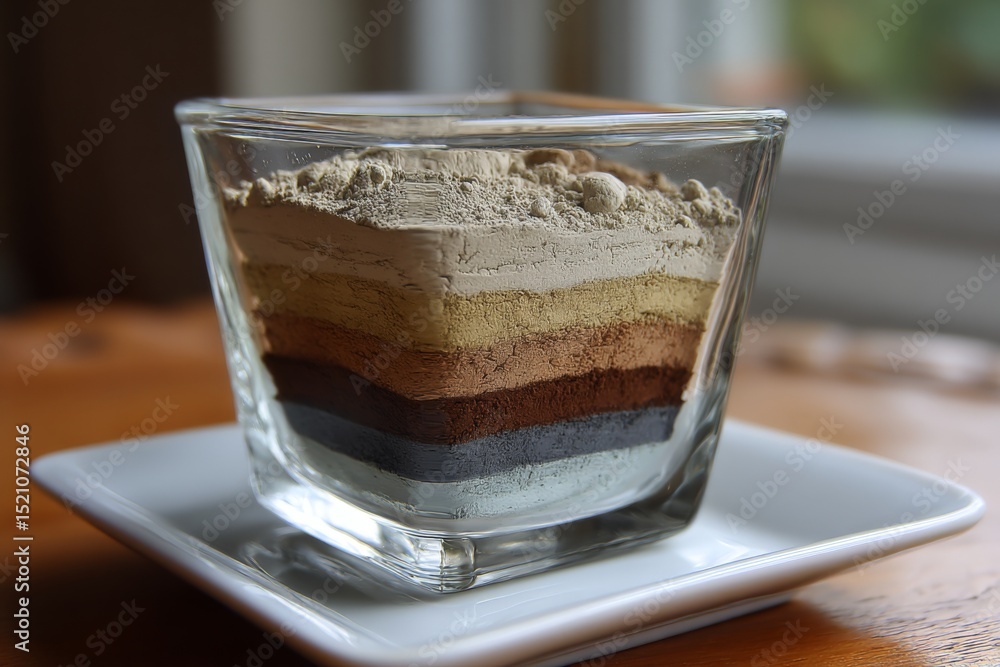 Poster beautifully layered display of colored powders arranged in a clear glass container on a wooden table