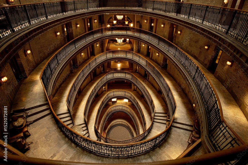 Poster dramatic circular staircase and hallways create a mesmerizing architectural design, featuring an int