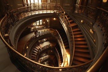 An elegant, ornate spiral staircase featuring elaborate railings, wooden steps, and a warm, inviting atmosphere with the interplay of light and shadow, creating a luxurious ambiance.