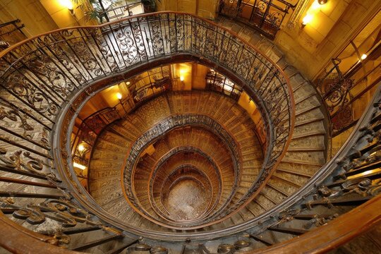 An intricate spiral staircase with ornate wrought iron railings and warm ambient lighting, showcasing architectural detail and classic design aesthetics indoors.
