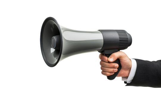 Male hand holding megaphone, businessman in suit making announcement.