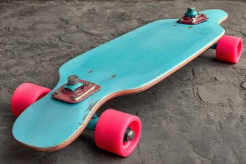 Bright blue skateboard with pink wheels placed on a textured concrete surface