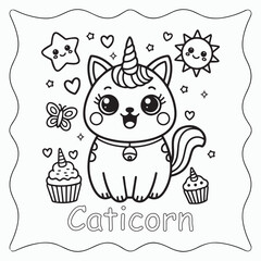 Caticorn Coloring Page Vector – Cute Unicorn Cat with Cupcakes, Stars, and Hearts