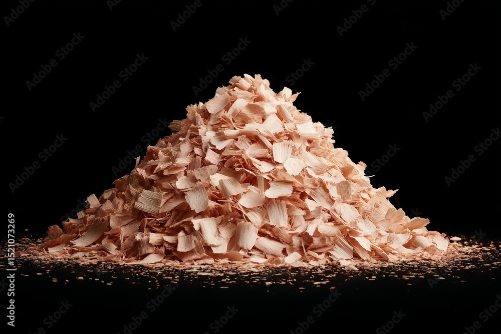 Poster pile of wood shavings on black background showcasing texture and color variations in woodworking mat