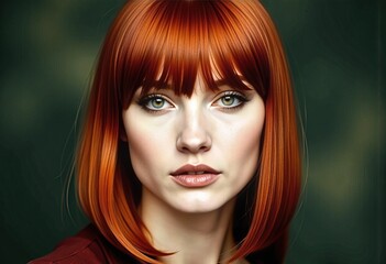 Obraz premium female model with smoky eyes and a blunt fringe against a blurred green background, with a mysterious, alluring look.