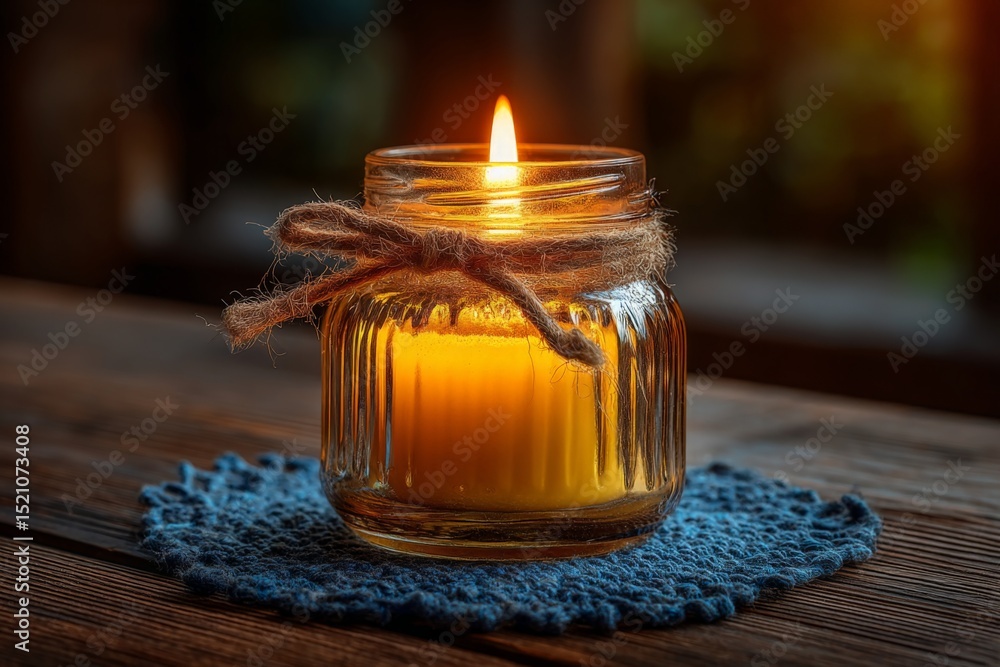 Poster warm glow from a hand-poured candle in a rustic setting creates a cozy atmosphere during evening hou