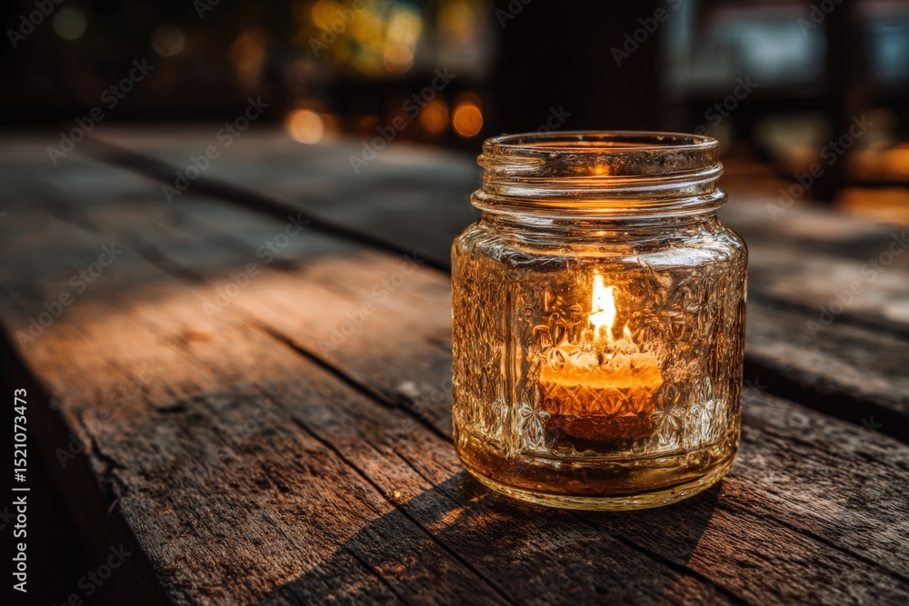 Poster warm candlelight flickers in glass jar creating a cozy atmosphere on rustic wooden table during even