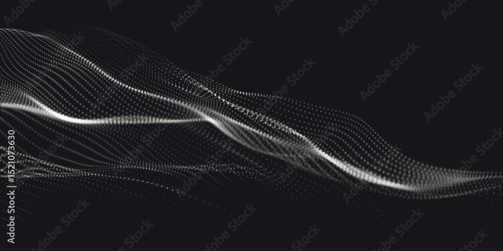 Poster abstract background with dynamic black and white wave. futuristic dotted wave of bright particles on