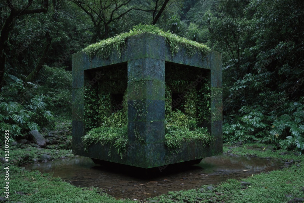 Poster Enigmatic cube wrapped in lush vegetation stands in serene forest setting during daylight hours
