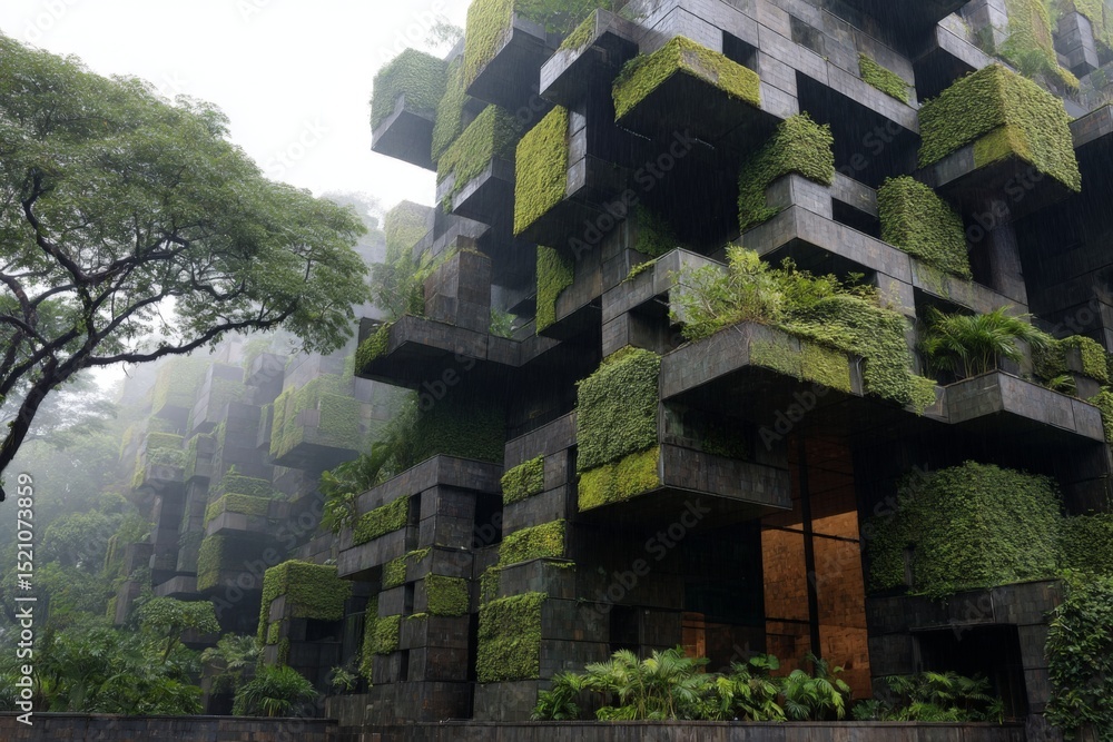 Poster intricate design of a modern architectural structure covered in greenery located in a misty urban se
