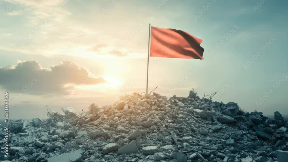 Aufkleber a single red flag waving above a pile of rubble, symbolizing warning or alert