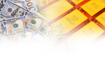 Gold bars and US dollar bill banknotes background. online concept asset commodity trading or buy gold bars for investment
