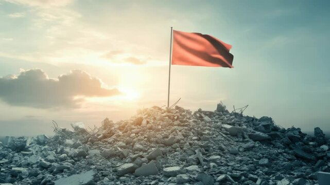 A single red flag waving above a pile of rubble, symbolizing warning or alert