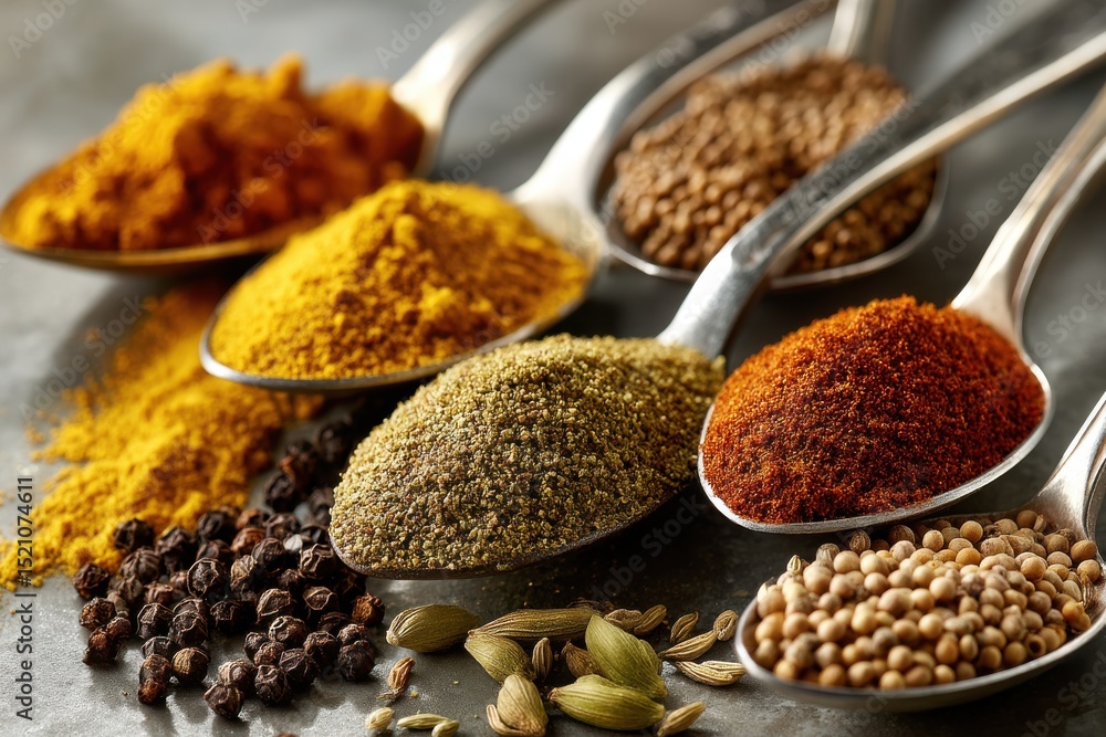 Poster an enticing close-up of various vibrant spices in elegant spoons, creating a colorful and flavorful 