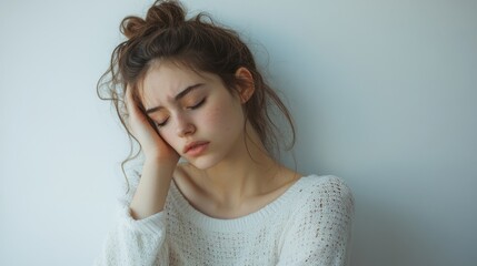 Young Woman with Closed Eyes and Bowed Head in Soft Light