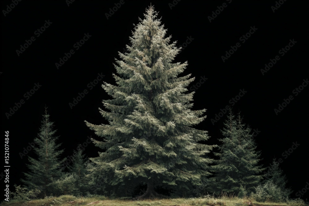 Poster Majestic evergreen trees illuminated against a dark background in a serene forest setting
