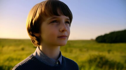 A young caucasian boy with brown hair stands thoughtfully in a sun-drenched field of tall yellow and green grass, evoking a sense of innocence and peaceful contemplation