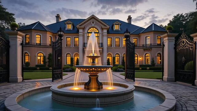 Luxury mansion at twilight with lit windows and glowing central fountain in front yard under cloudy sky. Concept of opulence and exclusivity