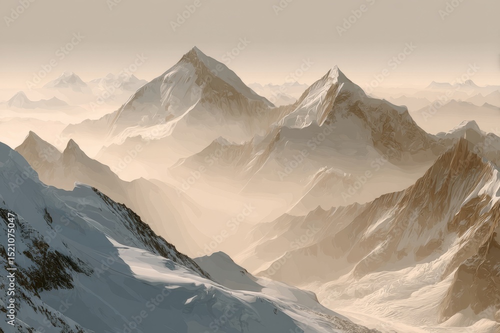 Poster snow-covered mountain peaks rise majestically under a soft golden sky during the early morning hours