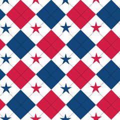 Blue and red argyle with stars seamless pattern on white background. For American holidays celebrations, fourth of July fabric and textile
