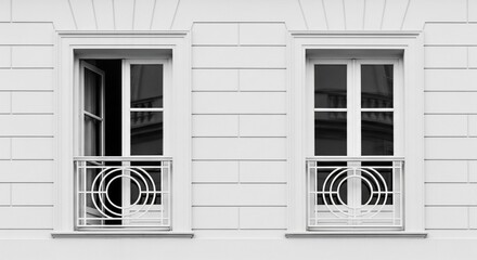 Elegant Black and White Architectural Windows with Decorative Balcony Railings