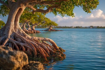 Fototapeta premium Lush mangrove roots emerging from tranquil blue waters during golden hour at coastal location