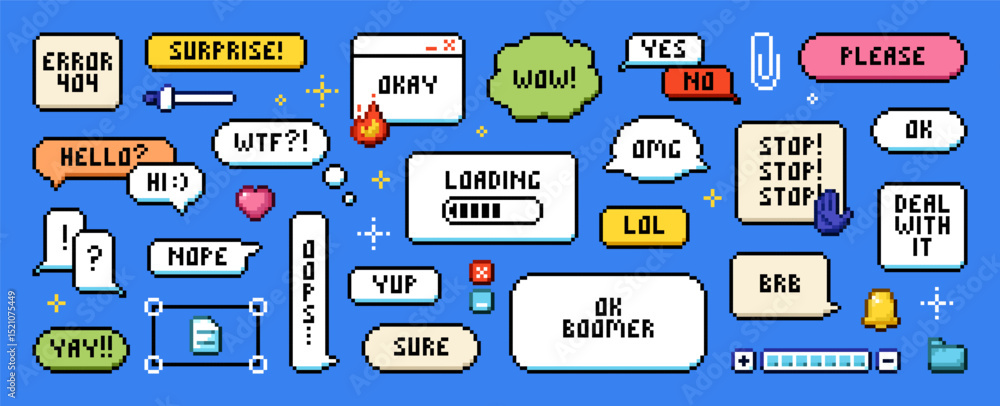 Fototapete set of pixel art speech bubbles. 8 bit boxes with messages. chat frames with text, words in arcade g
