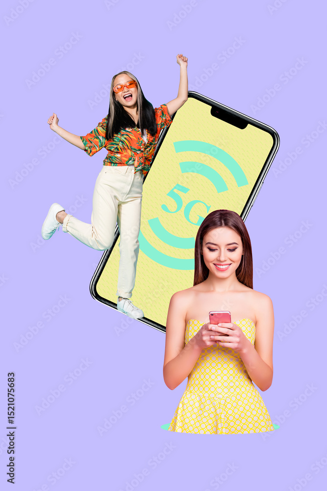 Poster banner image art collage of two happy girl guy stand phone screen 5g network connection wifi modern 