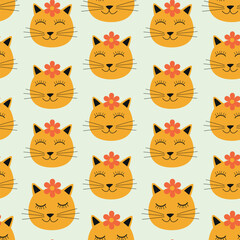 Cute orange Cat faces with red flowers on their heads seamless pattern. For fabric, pet accessories and textile