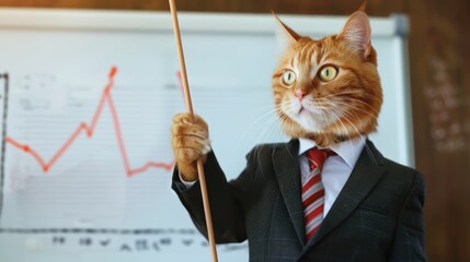 Business cat in suit holding pointer presenting financial charts and graphs in office meeting room
