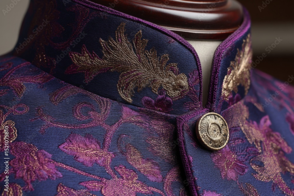 Poster elegant embroidered collar of traditional garment with intricate patterns and metallic accents displ