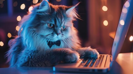 Fluffy cat wearing bow tie typing on keyboard with colorful neon lights and bokeh background