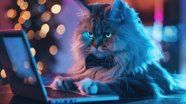 Fluffy cat wearing bow tie typing on keyboard with colorful neon lights and bokeh background