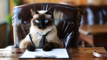 Siamese cat wearing tie sitting at wooden desk in office with pen and paper ready for business work