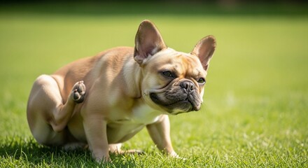 Fototapeta premium French Bulldog Itching on Green Grass, Focused on Face and Paw, Sunny Day.