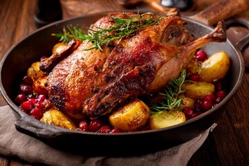 A beautifully roasted duck is presented in a skillet, surrounded by golden potatoes and vibrant cranberries. Fresh herbs enhance the appetizing appearance in a cozy kitchen