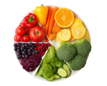 Vibrant organic food chart featuring variety of fresh fruits and vegetables arranged circular plate. colorful display includes tomatoes peppers oranges lemons carrots broccoli spinach and berries