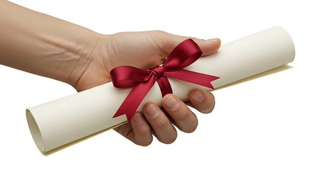 Diploma Award: Hand Holding Scroll with Red Ribbon