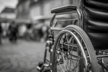 Fototapeta premium Wheelchair on a cobblestone street with blurred figures in the background during a busy afternoon