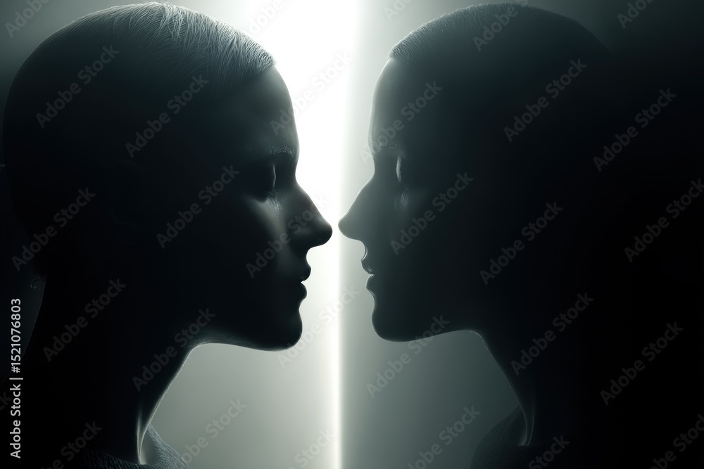 Poster silhouette profiles of two faces in a monochromatic image, creating a symbolic representation of con