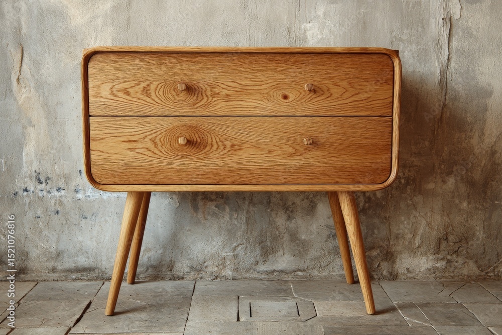 Poster modern wooden dresser with clean lines against a textured wall in a rustic setting