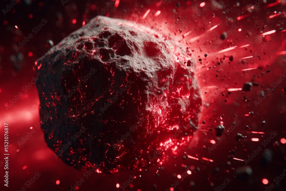 Poster Asteroid moving through space with glowing red trails and debris in a dynamic cosmic setting
